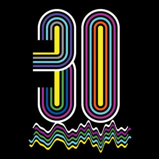 colourful number 30 on waves of coloured lines
