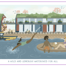 An illustration of the exterior of Watershed building covered in greenery with people swimming in the floating harbour.