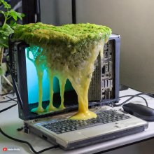A computer screen covered with moss and slime.