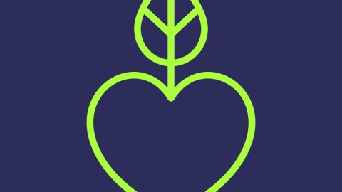 A line drawing of a heart in lime green, hanging from a leaf.