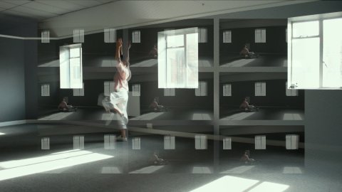 A photo collage. A person stands in a ballet pose in the middle of a room.
