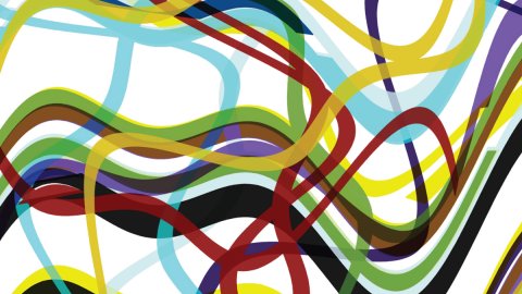 Artwork by Joe Magee Long waves all of plain colours wriggle and overlap and intersect over each other