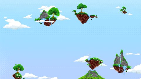 A pixellated digital image of small tree-covered islands floating in a blue sky
