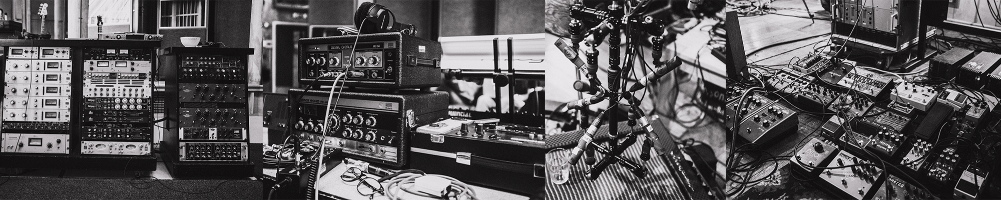 A collage of black and white photos of audio production equipment.