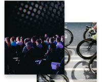 Side by side images of a darkened performance hall, and bicycles in motion. 