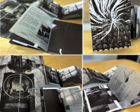 A montage of four images of a collection of printed black and white books