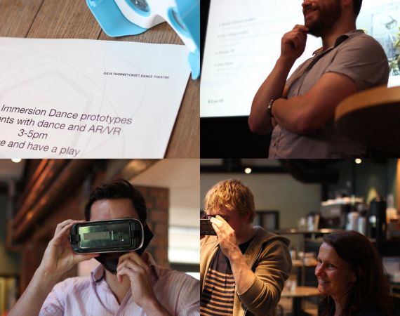 Four photos from the Immersion Dance Lunchtime Talk of people using VR headsets.