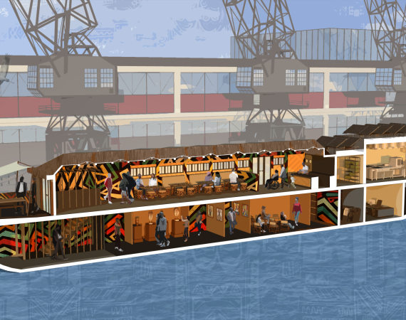 A section perspective of a new boat based venue in the Harbourside, buzzing with attendees and creation.