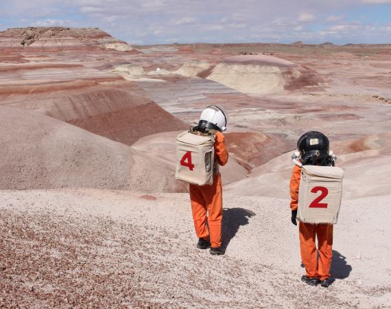 Image of Ella Good and Nicki Kent at the Mars Desert Research Station in Utah, photo by Robert Keller, Satori Photos 2019