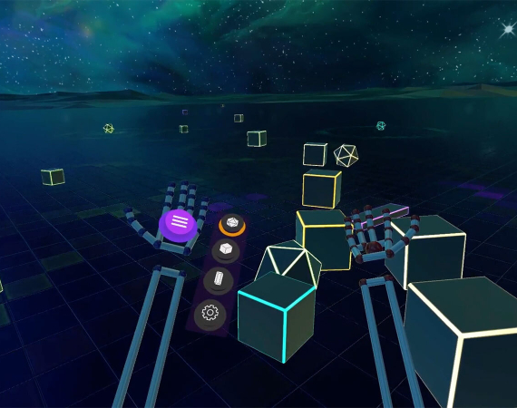 3D blocks in a VR space with a digital representation of a hand holding a shape