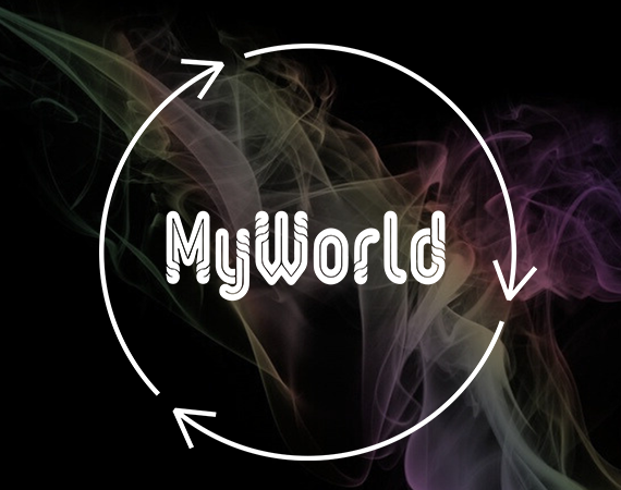 Three white arrows following each other in a circle with the word MyWorld in the middle of it overlaying a black background with multicoloured smoke trails.