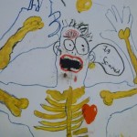 bodymap a painted head and torso - skeleton like, with blue outline and yellow 'ribs'. the face is cartoon like - big bulging eyes and an open mouth saying 'I'm scared'