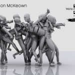 Simon-McKeown-PUSH-ME-Artist-Image A model of a kickboxer with short arms caught whilst kicking - we see lots of versions of him as he makes a move. Text reads push me, simon mckweown, motion disabled unlimited.