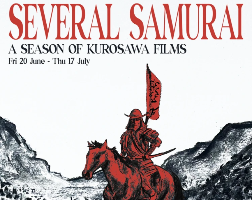 Several Samurai poster from Watershed of a red samurai on a red horse in a black and white landscape.