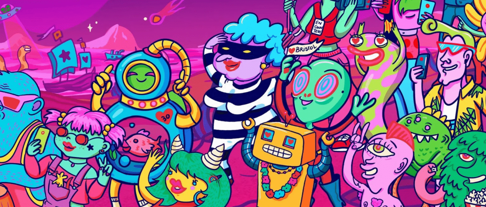 Cover for the 30th edition of Encounters Film Festival, featuring various alien-like characters
