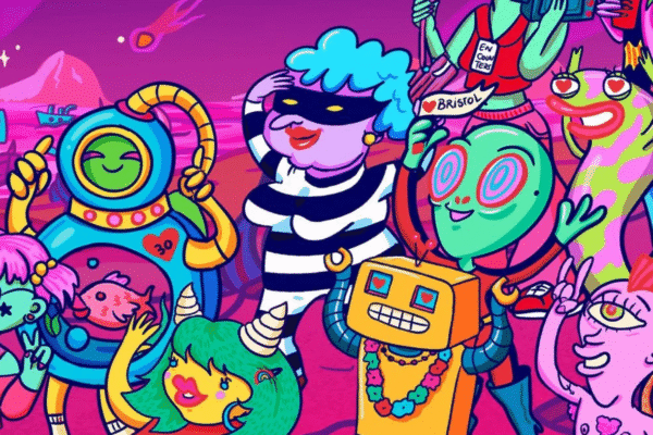 Cover for the 30th edition of Encounters Film Festival, featuring various alien-like characters