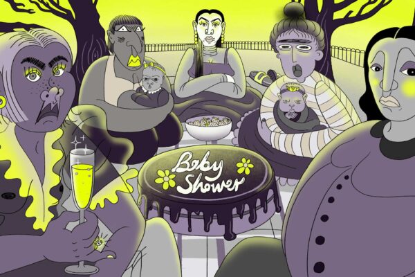 An animated still from Hag; a group of people at a Baby Shower.