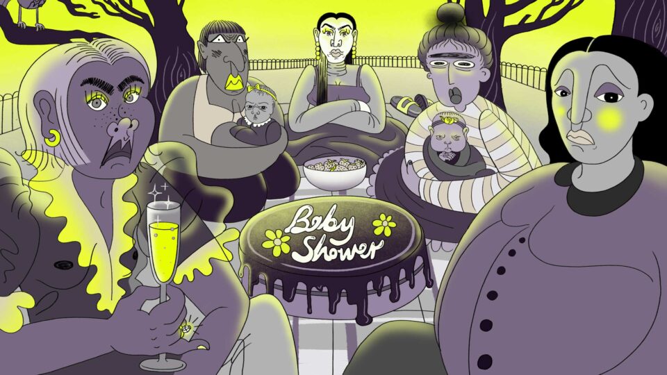 An animated still from Hag; a group of people at a Baby Shower.