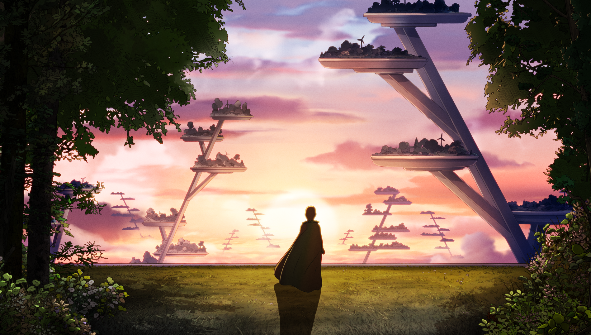 A silhouette of boy in a cape looking off at an evening sunset.