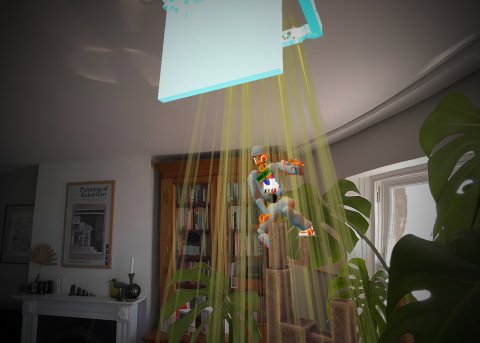 A colourful character jumps into the air under yellow beams of light.