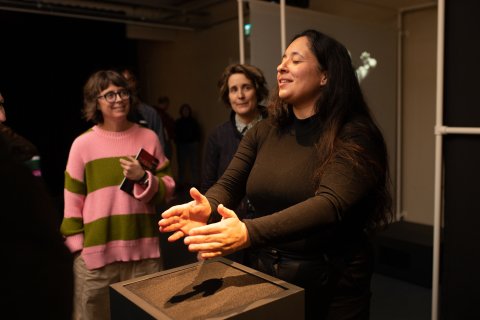 A person with long dark hair is interacting with a sculpture.