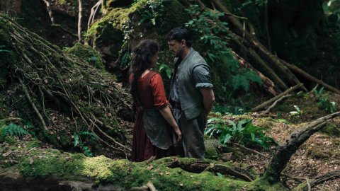 A couple stands closely together in a lush, green forest, surrounded by moss-covered logs and ferns.