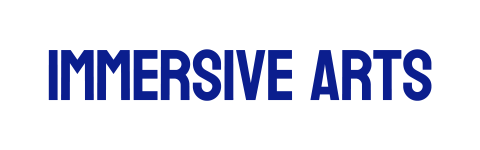 A blue logo with the words Immersive Arts.