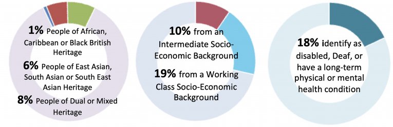 A diagram of 3 circles with text inside which breaksdown the demographic make up of Watershed staff