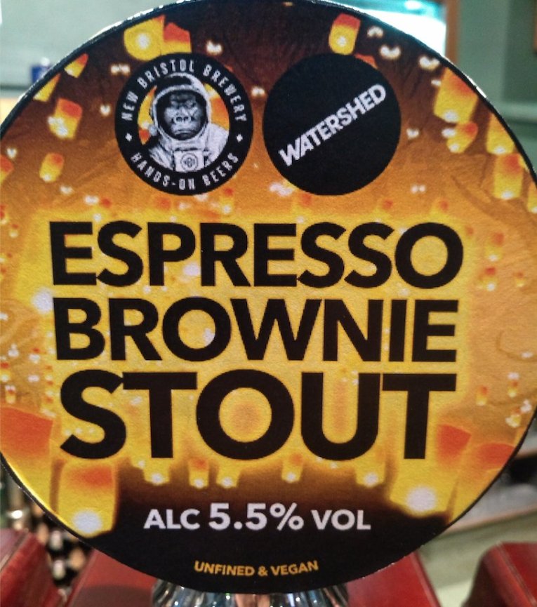 A close up of a bar pump, titled: Espresso Brownie Stout