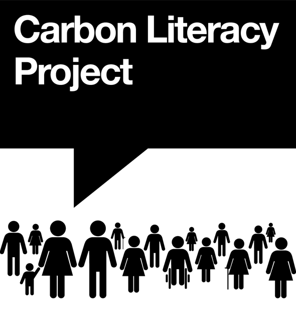 Logo for Carbon Literacy Project, with its written in a simple illustration of a speech bubble with group of people talking about it
