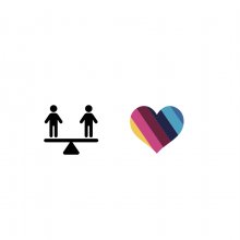 Two figures balance on a see saw next to a multi coloured heart