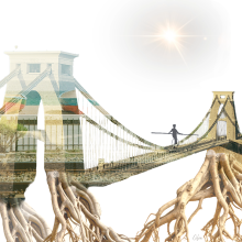 Collage composed with stock images and a photograph of Badalona Beach by Timur Vailiev, and a Clifton Bridge shot by Nathan Riley from Unsplash.