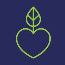A line art image of a green heart and leaf on a dark blue background