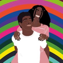 Illustration of two people smiling, one giving the other a piggyback.