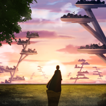 A silhouette of boy in a cape looking off at an evening sunset.