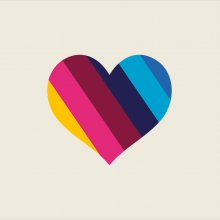 An image of a heart filled with diagonal, rainbow stripes. It sits on a beige backdrop.