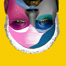 A graphic image of a face, upside-down on the screen and edited with colourful blocks of colour. The background is a rich yellow.
