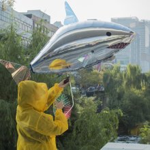 A person dressed in a yellow mac holds up a shiny silver balloon. It is a shark.