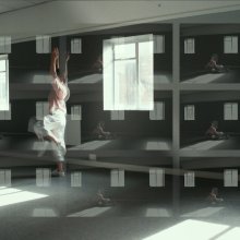 A photo collage. A person stands in a ballet pose in the middle of a room.