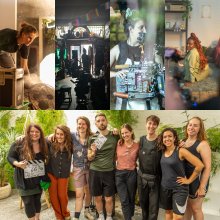 A collage depicting a film set: a woman adjusting lights, a dimly lit room with camera equipment, a focus puller with a camera rig, a woman sitting on the floor, and a group of seven smiling crew members holding a clapperboard in a lush, green setting. The mood is collaborative and energetic.