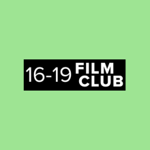 Logo for the 16-19 Film Club against a light green background, featuring bold black and white text.