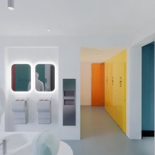 Architects visualisation of the new toilets including colourful doors and sinks with mirrors