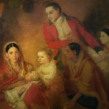 A detail from a painting of people with baby.