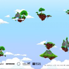 A pixellated digital image of small tree-covered islands floating in a blue sky