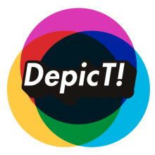 The depict logo - three intersecting coloured circled overlayed that in combination make up the colours reg green and blue. With the word Depict overlayed