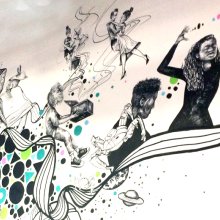 Mural of people and trees with some spots of colour