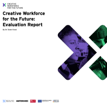White coloured report cover with its title, the projects logo and a close up image of a person holding a glowing triangle