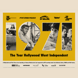 Film poster with the numbers 1971 overlayed over a series of balk and white films stills