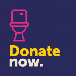 An image of a toilet with the words Donate Now underneath