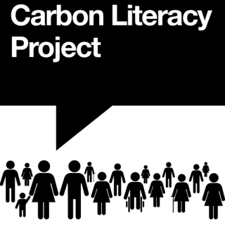 Logo for the Carbon Literacy Project, black and white illustration of a group of people with a speech bubble saying Carbon Literacy Project